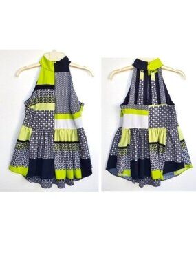 Babydoll Tank Mix Print Panels Boho Flare Halter Funky Strap Back